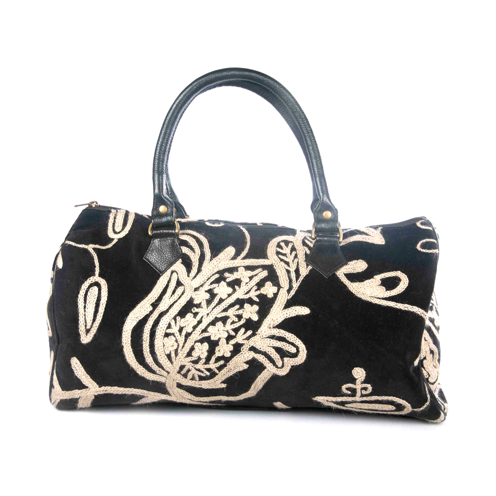 WOAVIN HAND EMBROIDERED BAG COTTON W/LEATHER TRIMMING