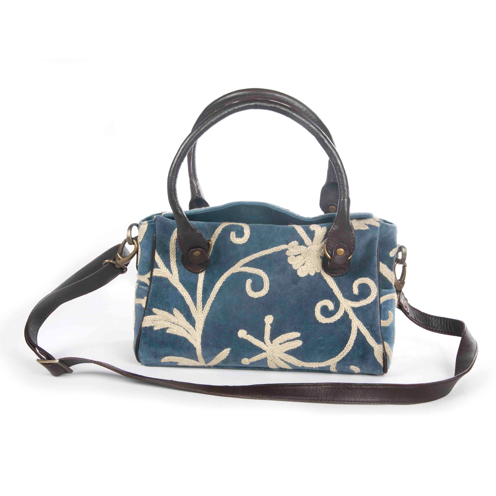 WOAVIN HAND EMBROIDERED BAG COTTON VELVET W/LEATHER TRIMMING