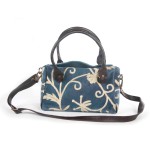 WOAVIN HAND EMBROIDERED BAG COTTON VELVET W/LEATHER TRIMMING