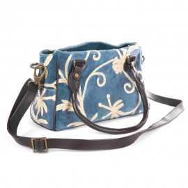 WOAVIN HAND EMBROIDERED BAG COTTON VELVET W/LEATHER TRIMMING