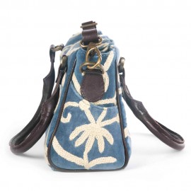 WOAVIN HAND EMBROIDERED BAG COTTON VELVET W/LEATHER TRIMMING