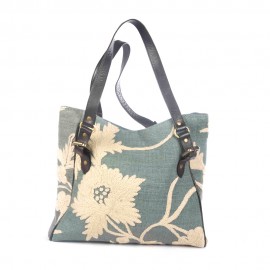 WOAVIN HAND EMBROIDERED BAG LINEN W/LEATHER TRIMMI..