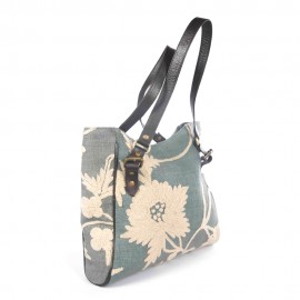 WOAVIN HAND EMBROIDERED BAG LINEN W/LEATHER TRIMMING