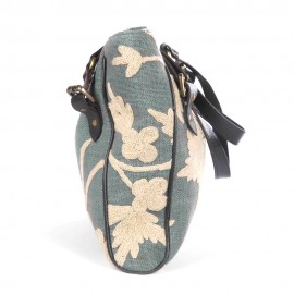 WOAVIN HAND EMBROIDERED BAG LINEN W/LEATHER TRIMMING
