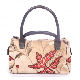 WOAVIN HAND EMBROIDERED BAG COTTON VELVET W/LEATHER TRIMMING