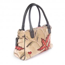 WOAVIN HAND EMBROIDERED BAG COTTON VELVET W/LEATHER TRIMMING