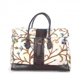 WOAVIN HAND EMBROIDERED BAG COTTON VELVET W/LEATHER TRIMMING