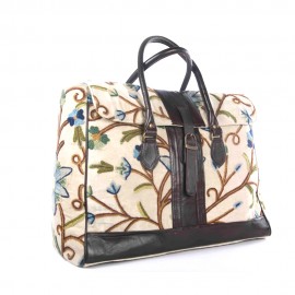 WOAVIN HAND EMBROIDERED BAG COTTON VELVET W/LEATHER TRIMMING