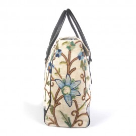 WOAVIN HAND EMBROIDERED BAG COTTON VELVET W/LEATHER TRIMMING