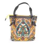 WOAVIN HAND EMBROIDERED BAG CHAINSTICH WOOL W/LEATHER TRIMMING
