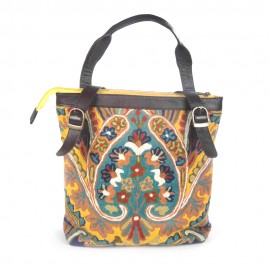 WOAVIN HAND EMBROIDERED BAG CHAINSTICH WOOL W/LEATHER TRIMMING