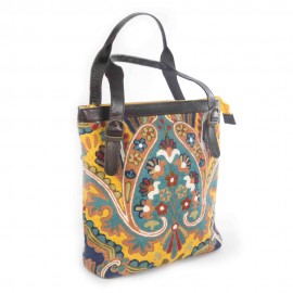 WOAVIN HAND EMBROIDERED BAG CHAINSTICH WOOL W/LEATHER TRIMMING