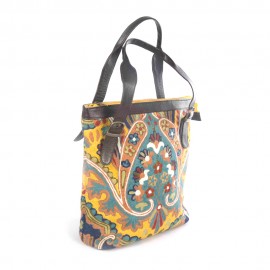 WOAVIN HAND EMBROIDERED BAG CHAINSTICH WOOL W/LEATHER TRIMMING