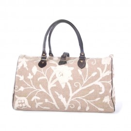 WOAVIN HAND EMBROIDERED BAG LINEN W/LEATHER TRIMMING