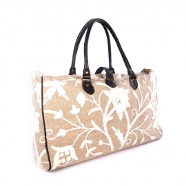WOAVIN HAND EMBROIDERED BAG LINEN W/LEATHER TRIMMING