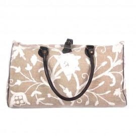 WOAVIN HAND EMBROIDERED BAG LINEN W/LEATHER TRIMMING