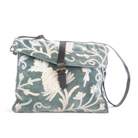 WOAVIN HAND EMBROIDERY BAG COTTEN VELVET W/LEATHER TRIMMING 
