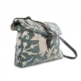 WOAVIN HAND EMBROIDERY BAG COTTEN VELVET W/LEATHER TRIMMING 